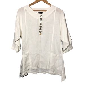 STIJFSELKISSIE | White 100% Linen Lagenlook 3/4 Sleeve Tunic Top size Small